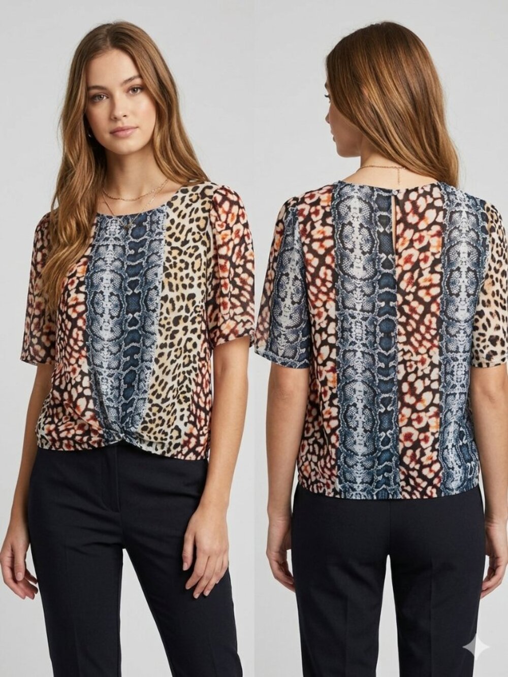 Express Mixed Animal Print Open-Back Blouse with attached camisole Size Medium